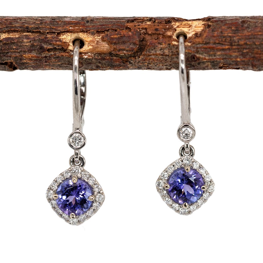 Natural Tanzanite And Diamond Earrings In Solid 14k White Gold